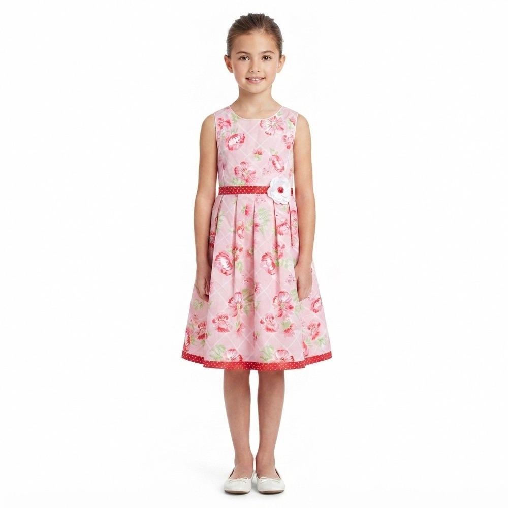 Jona Michelle Dress Girls 10 Pink Floral Party Dress Red Polka Dot Trim CO3640